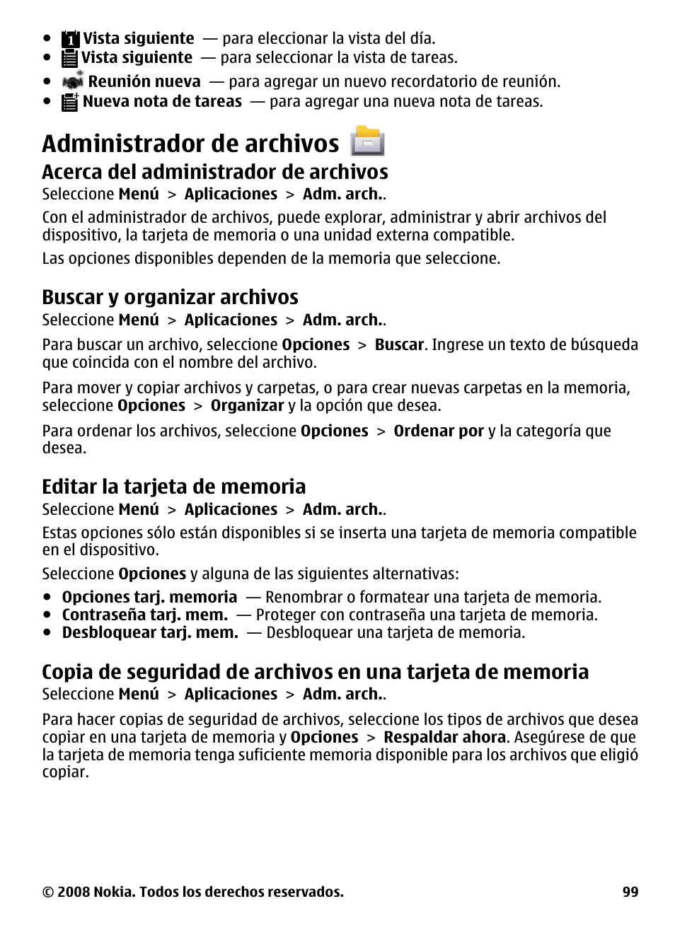 Administrador de archivos, Acerca del administrador de archivos, Buscar y organizar archivos | Editar la tarjeta de memoria, Acerca del administrador de, Archivos, Copia de seguridad de archivos en una, Tarjeta de memoria | Nokia 5800 User Manual | Page 216 / 243