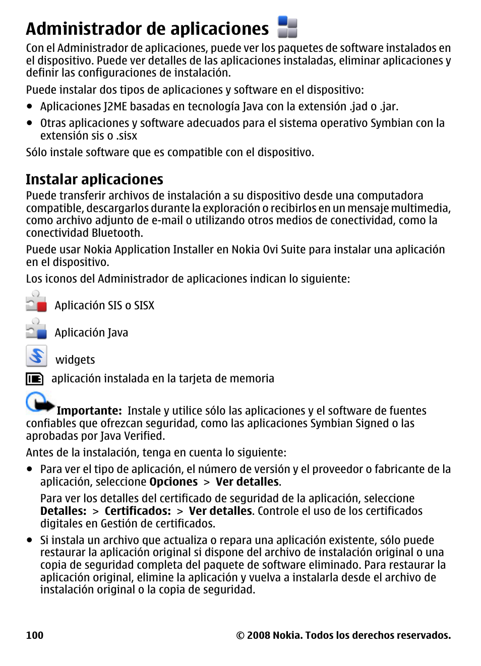 Administrador de aplicaciones, Instalar aplicaciones | Nokia 5800 User Manual | Page 217 / 243