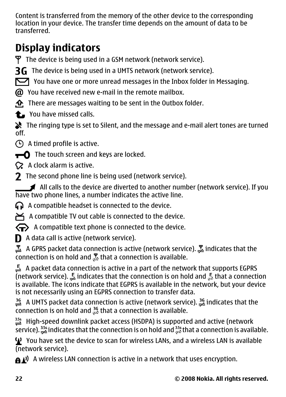 Display indicators | Nokia 5800 User Manual | Page 22 / 243