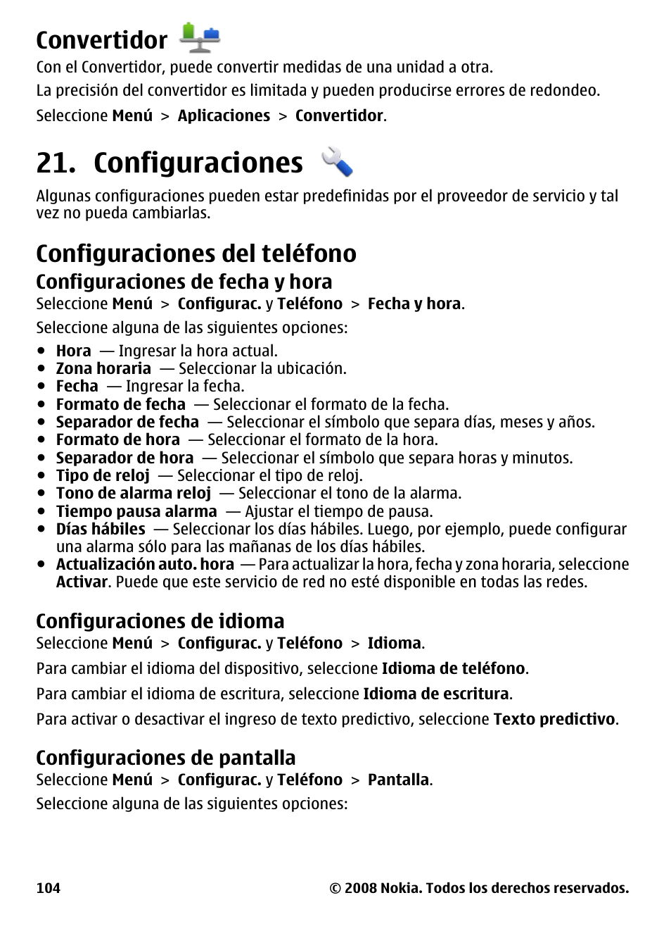 Convertidor, Configuraciones, Configuraciones del teléfono | Configuraciones de fecha y hora, Configuraciones de idioma, Configuraciones de pantalla | Nokia 5800 User Manual | Page 221 / 243