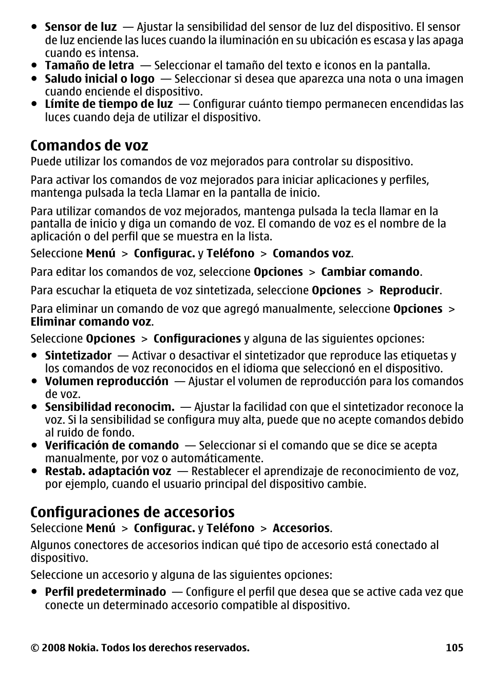 Comandos de voz, Configuraciones de accesorios | Nokia 5800 User Manual | Page 222 / 243