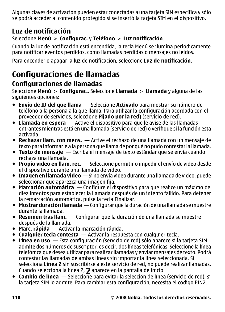 Luz de notificación, Configuraciones de llamadas | Nokia 5800 User Manual | Page 227 / 243