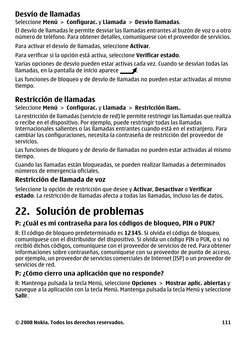 Desvío de llamadas, Restricción de llamadas, Solución de problemas | Nokia 5800 User Manual | Page 228 / 243