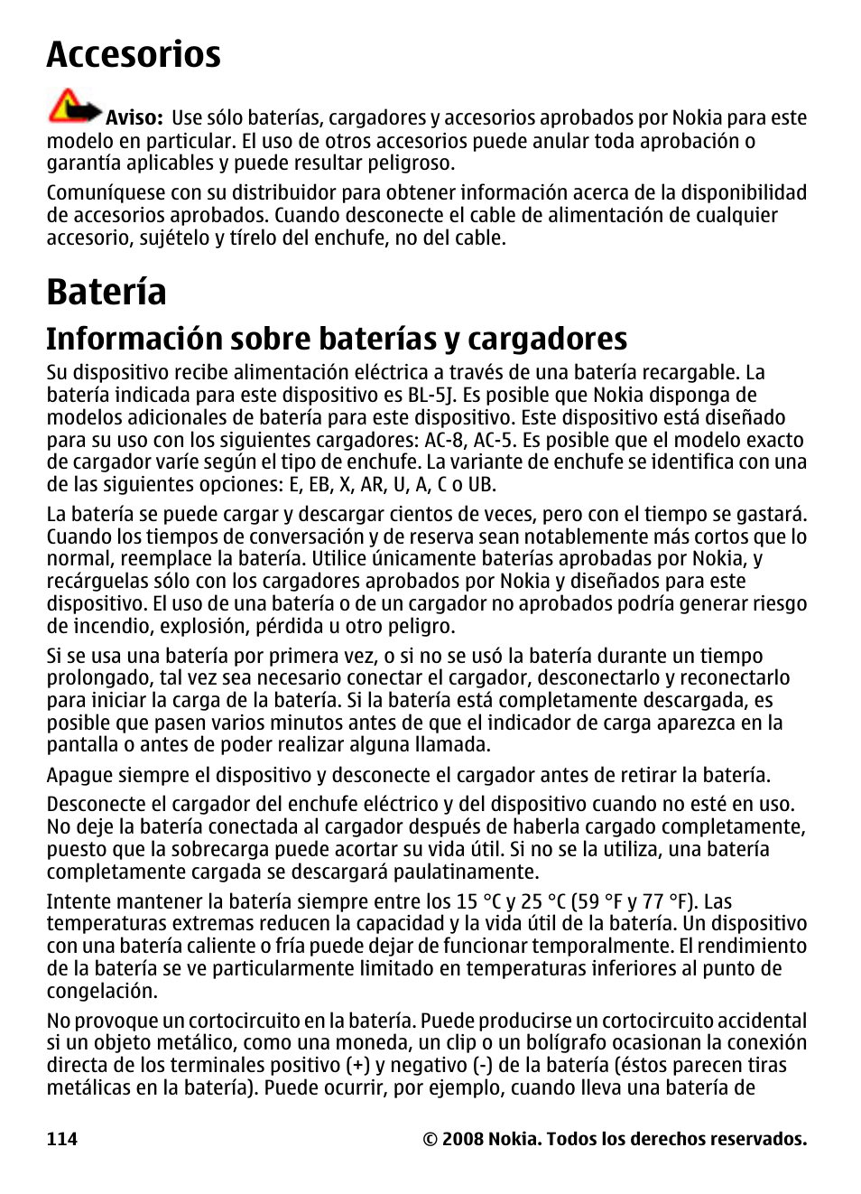 Accesorios, Batería, Información sobre baterías y cargadores | Accesorios batería, Información sobre baterías y, Cargadores | Nokia 5800 User Manual | Page 231 / 243