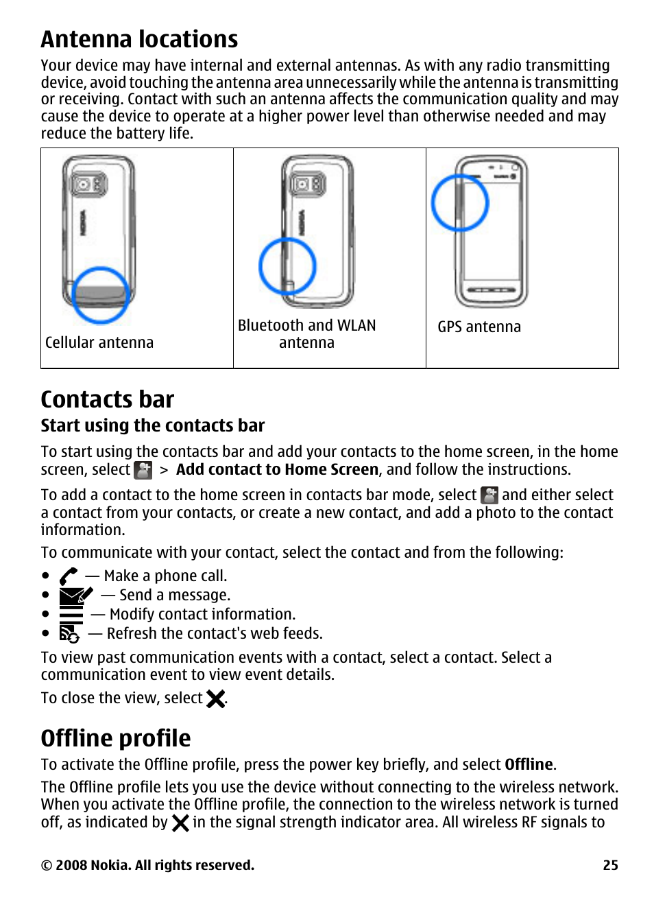 Antenna locations, Contacts bar, Offline profile | Nokia 5800 User Manual | Page 25 / 243