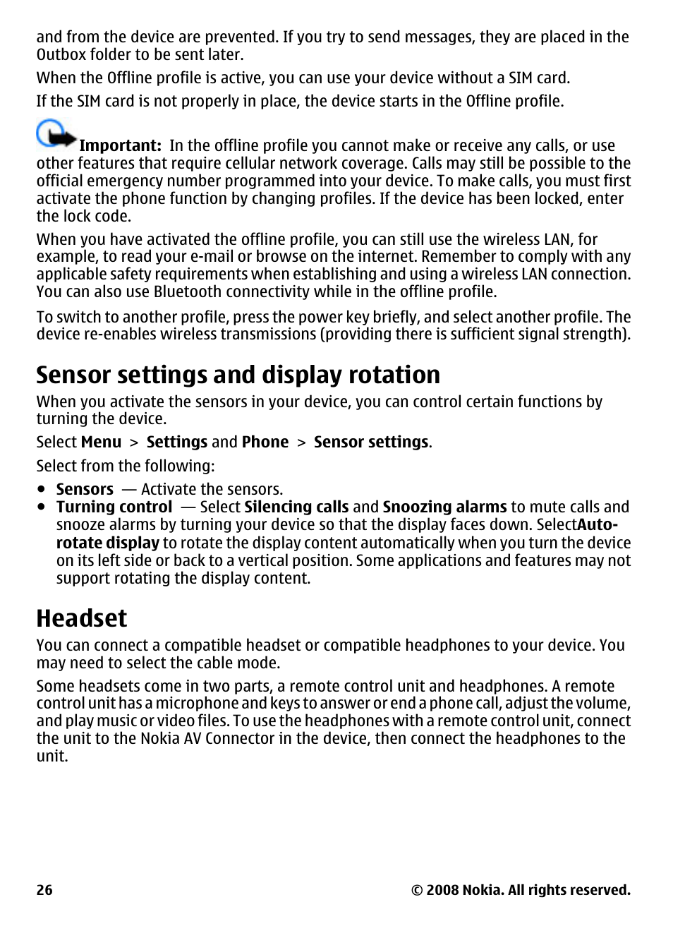 Sensor settings and display rotation, Headset, Sensor settings and display | Rotation | Nokia 5800 User Manual | Page 26 / 243