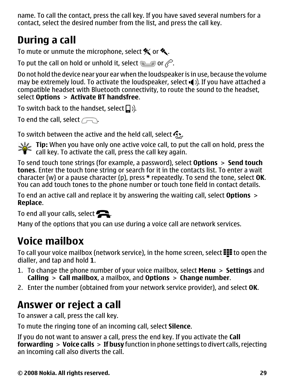 During a call, Voice mailbox, Answer or reject a call | Nokia 5800 User Manual | Page 29 / 243