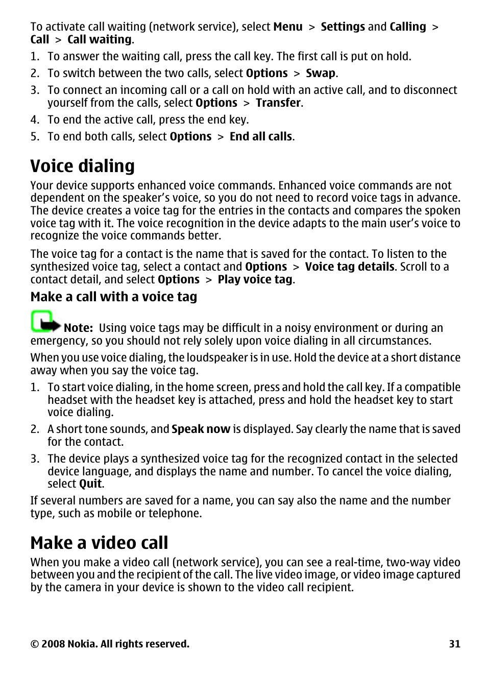 Voice dialing, Make a video call | Nokia 5800 User Manual | Page 31 / 243