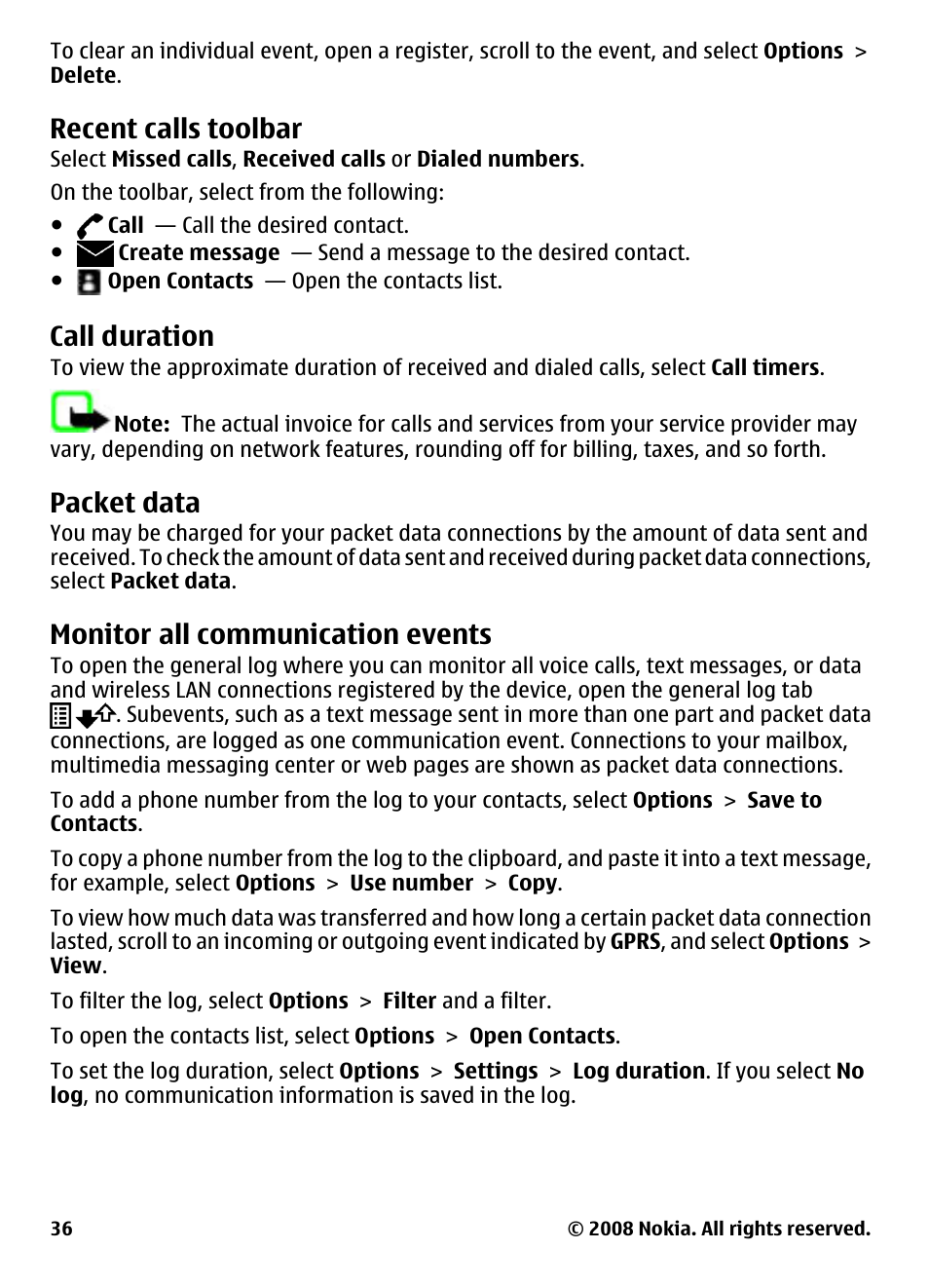 Recent calls toolbar, Call duration, Packet data | Monitor all communication events, Monitor all communication, Events | Nokia 5800 User Manual | Page 36 / 243