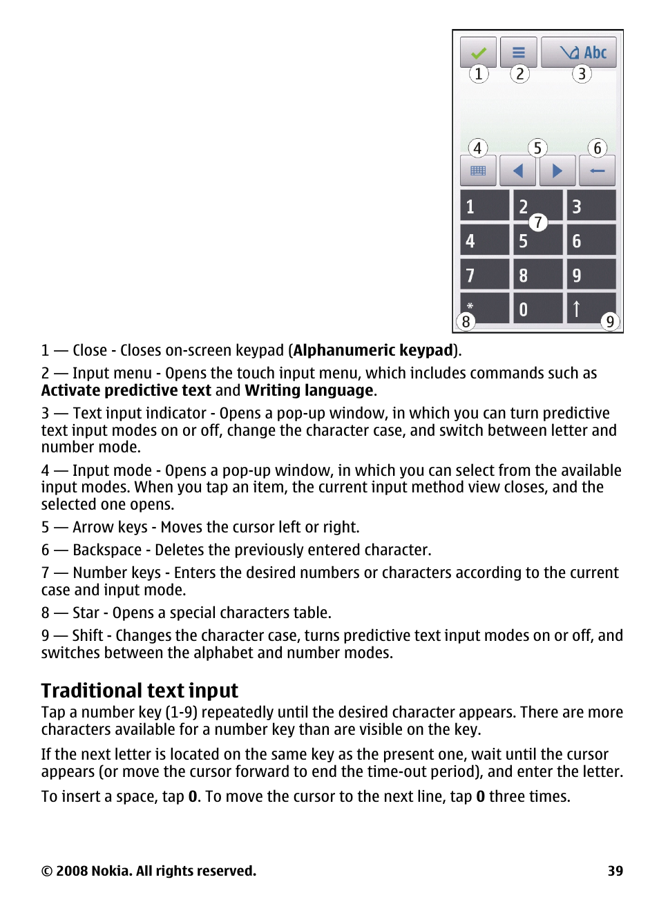Traditional text input | Nokia 5800 User Manual | Page 39 / 243