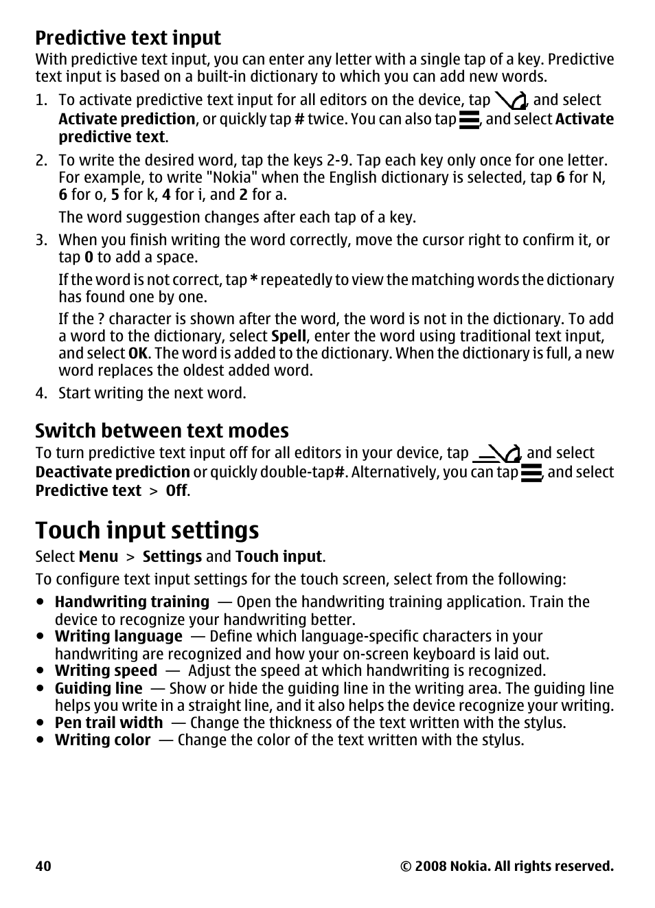 Predictive text input, Switch between text modes, Touch input settings | Nokia 5800 User Manual | Page 40 / 243