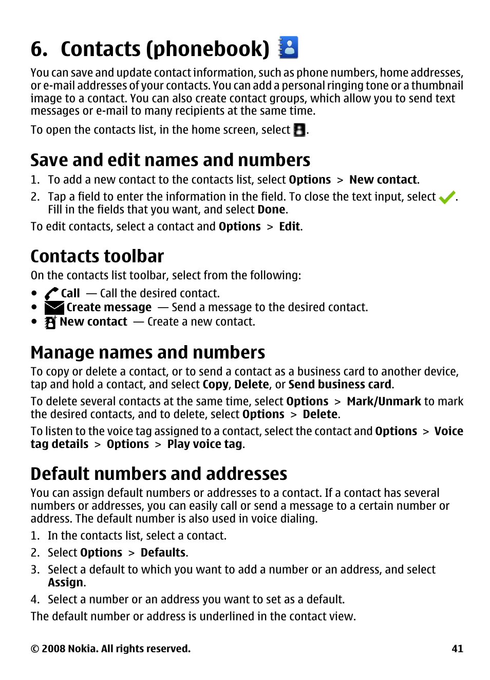 Contacts (phonebook), Save and edit names and numbers, Contacts toolbar | Manage names and numbers, Default numbers and addresses, Save and edit names and, Numbers | Nokia 5800 User Manual | Page 41 / 243