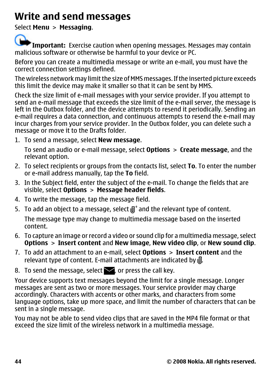 Write and send messages | Nokia 5800 User Manual | Page 44 / 243