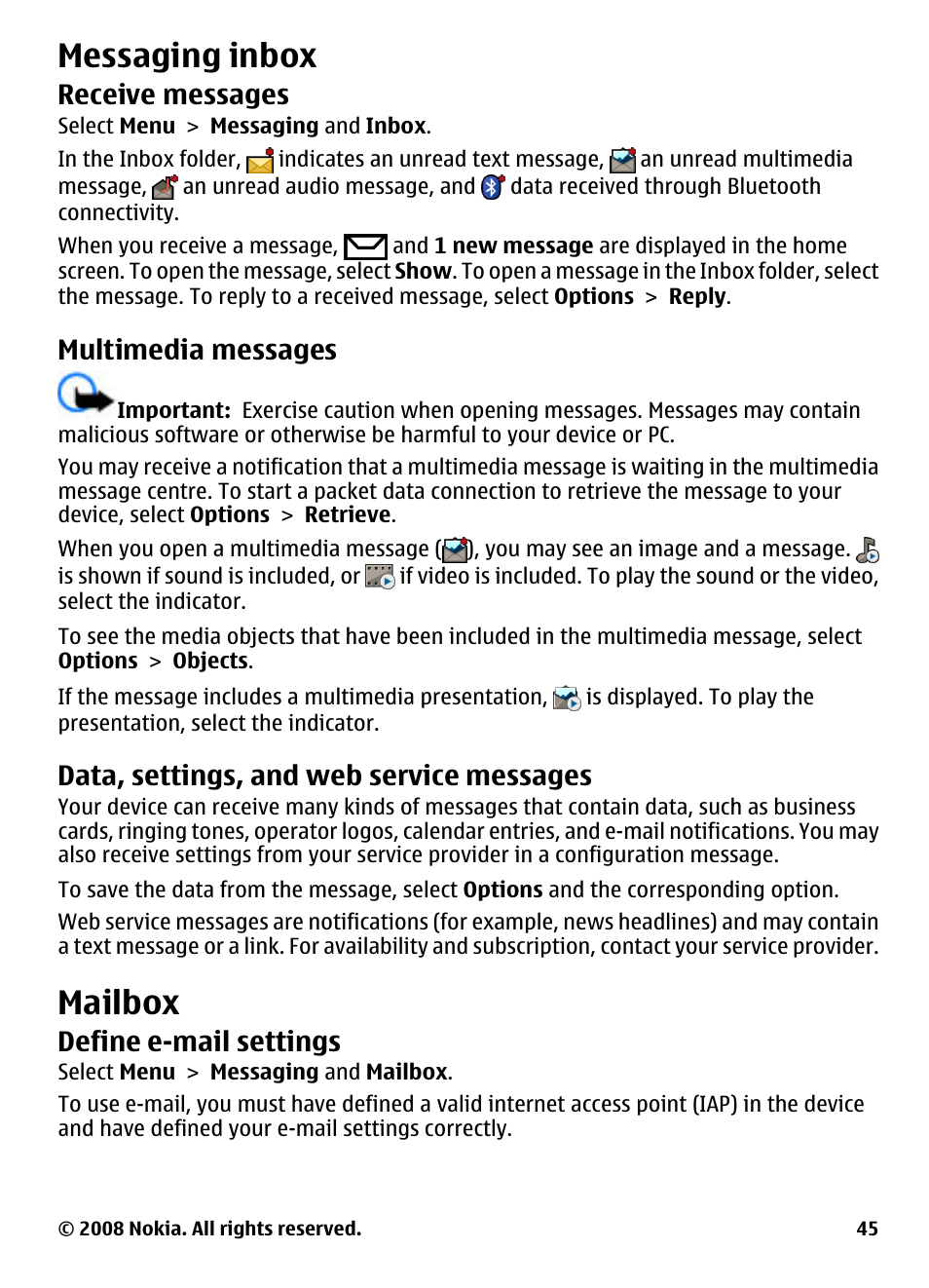 Messaging inbox, Receive messages, Multimedia messages | Data, settings, and web service messages, Mailbox, Define e-mail settings, Data, settings, and web service, Messages | Nokia 5800 User Manual | Page 45 / 243