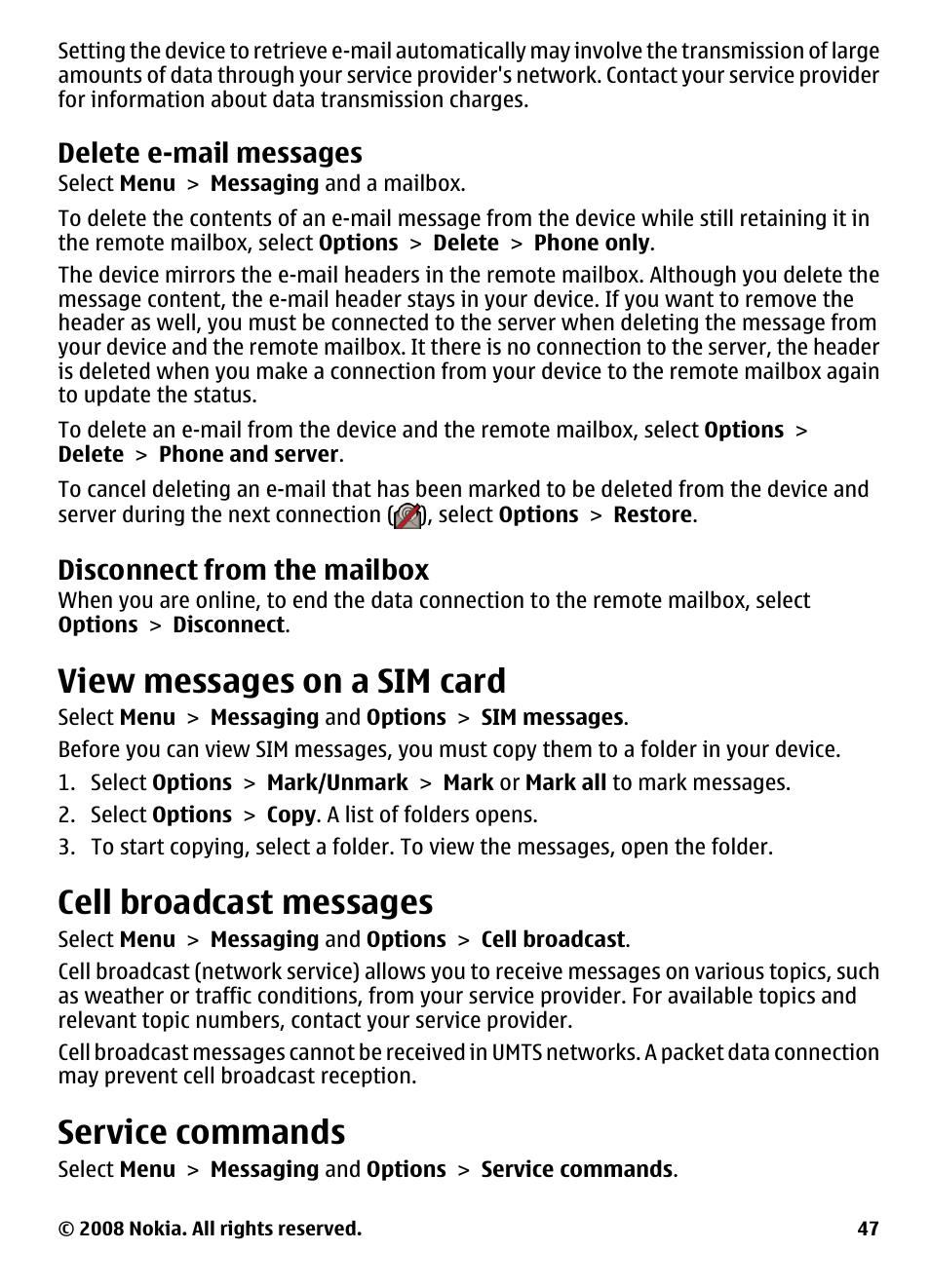 Delete e-mail messages, Disconnect from the mailbox, View messages on a sim card | Cell broadcast messages, Service commands | Nokia 5800 User Manual | Page 47 / 243