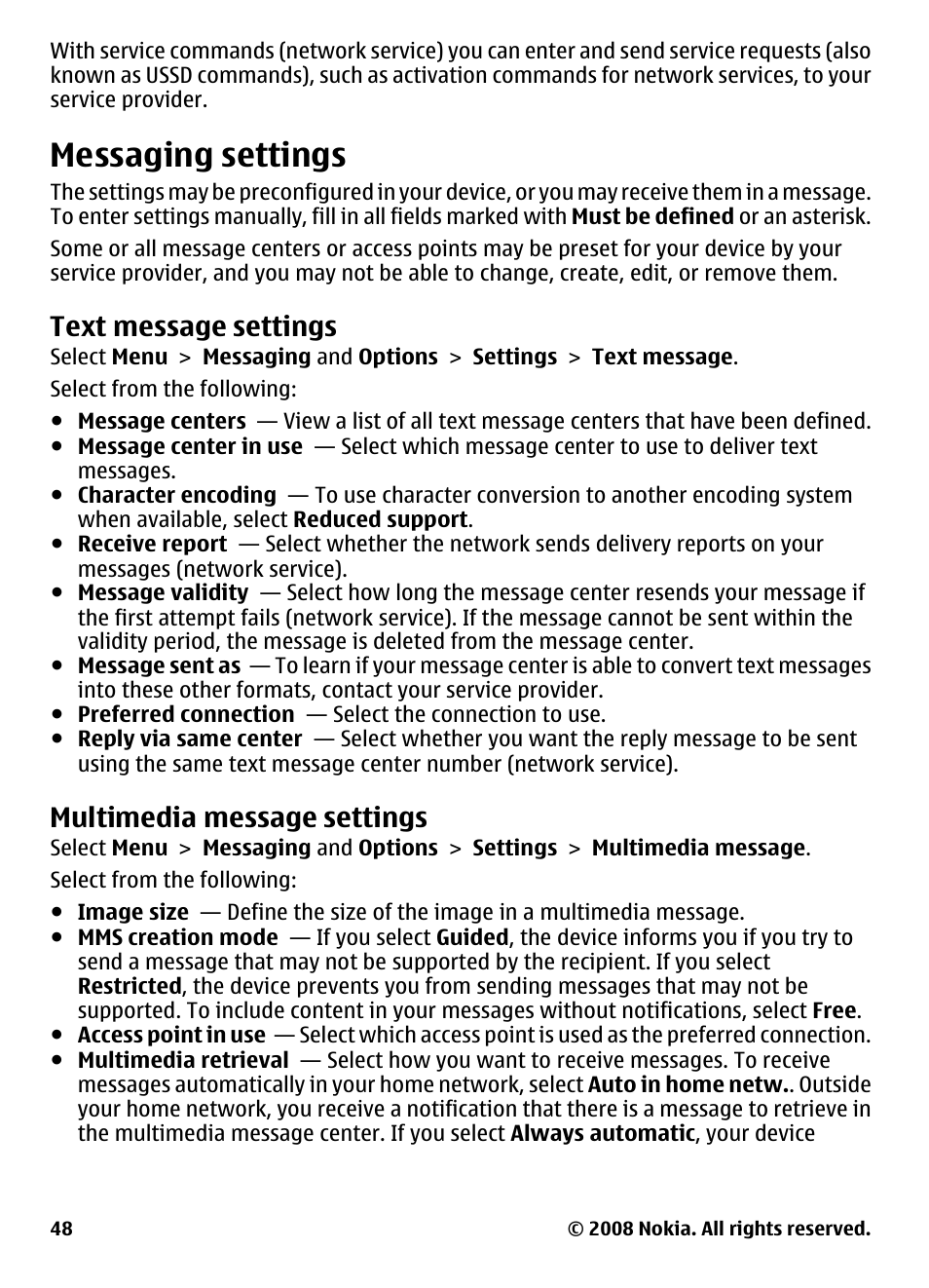 Messaging settings, Text message settings, Multimedia message settings | Nokia 5800 User Manual | Page 48 / 243