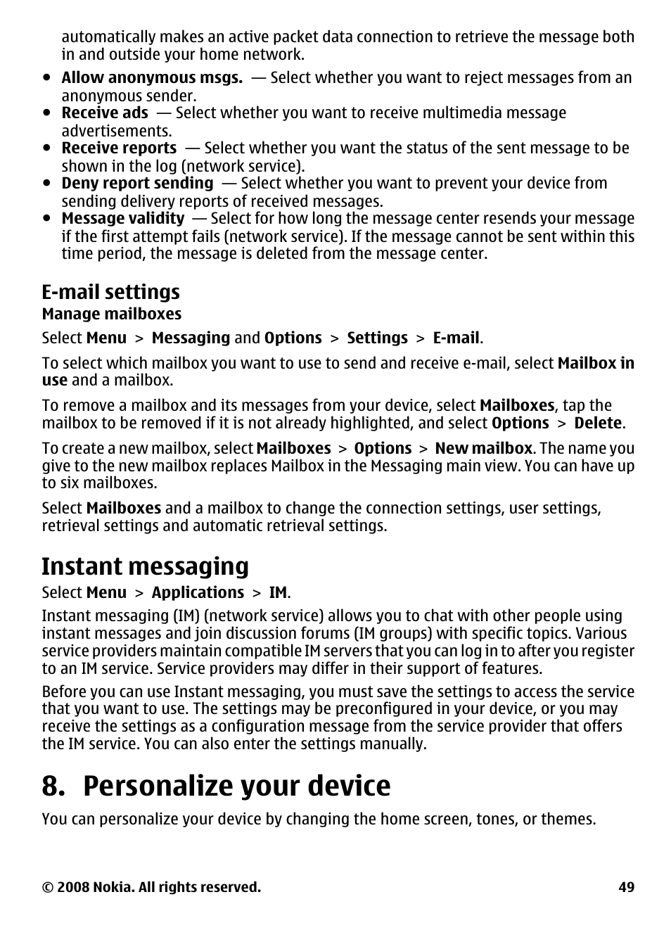 E-mail settings, Manage mailboxes, Instant messaging | Personalize your device | Nokia 5800 User Manual | Page 49 / 243