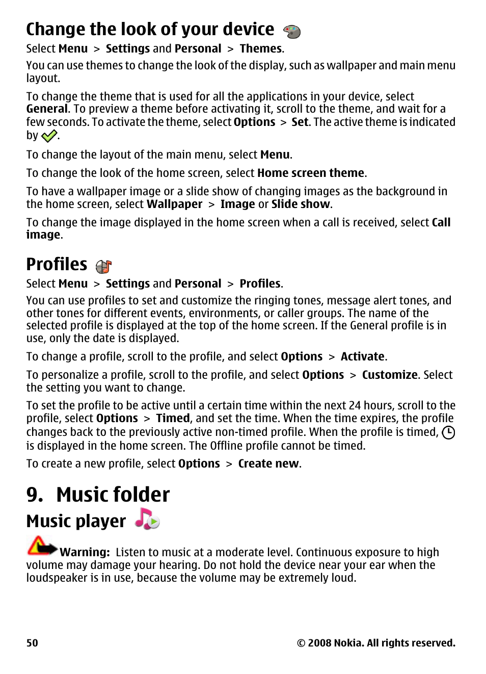 Change the look of your device, Profiles, Music folder | Music player | Nokia 5800 User Manual | Page 50 / 243