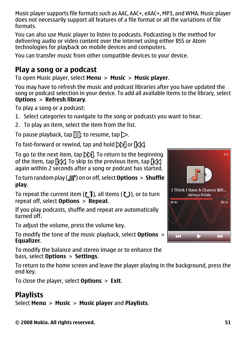 Play a song or a podcast, Playlists | Nokia 5800 User Manual | Page 51 / 243