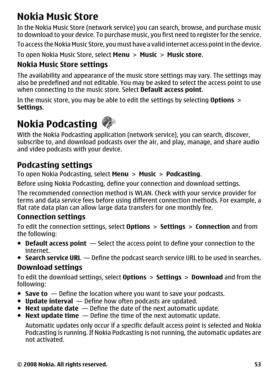 Nokia music store, Nokia podcasting, Podcasting settings | Nokia 5800 User Manual | Page 53 / 243