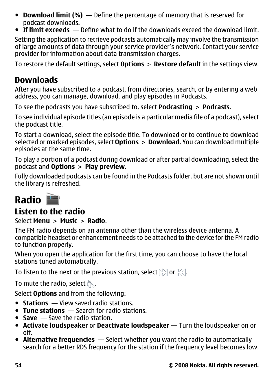 Downloads, Radio, Listen to the radio | Nokia 5800 User Manual | Page 54 / 243