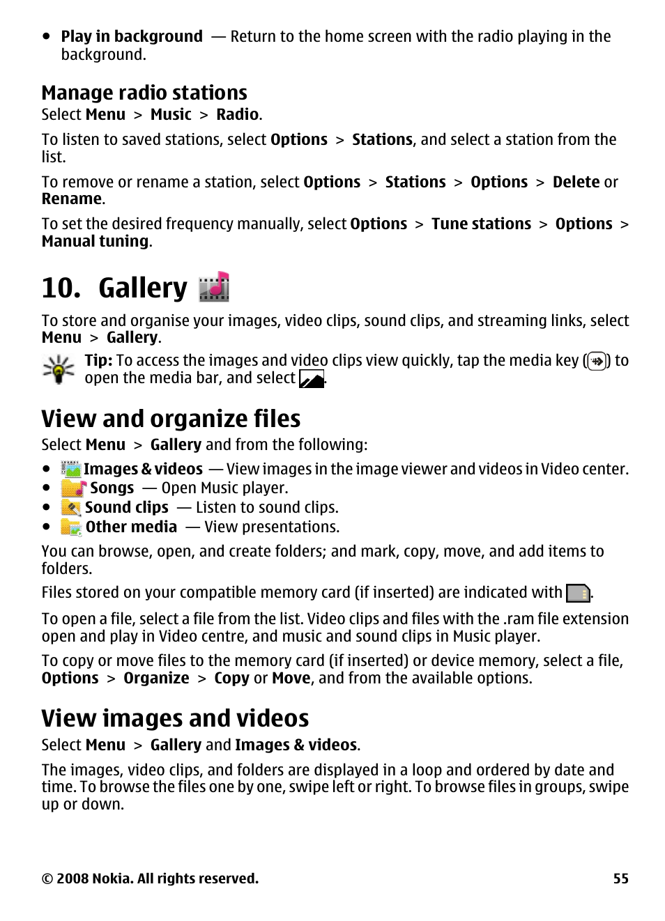 Manage radio stations, Gallery, View and organize files | View images and videos | Nokia 5800 User Manual | Page 55 / 243