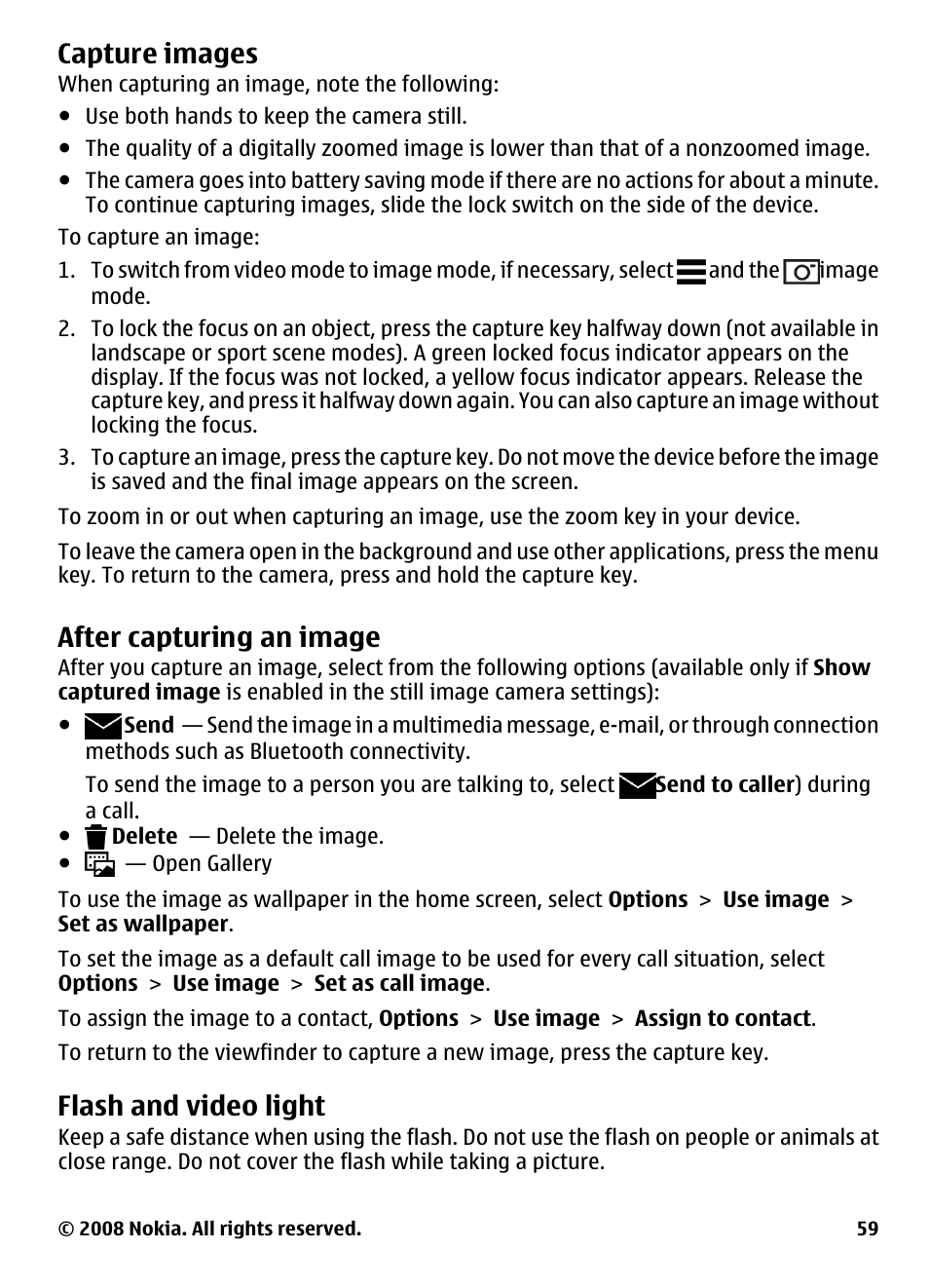 Capture images, After capturing an image, Flash and video light | Nokia 5800 User Manual | Page 59 / 243