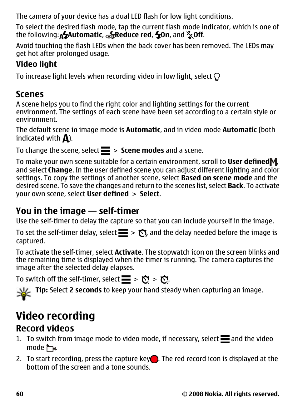 Scenes, You in the image — self-timer, Video recording | Record videos | Nokia 5800 User Manual | Page 60 / 243