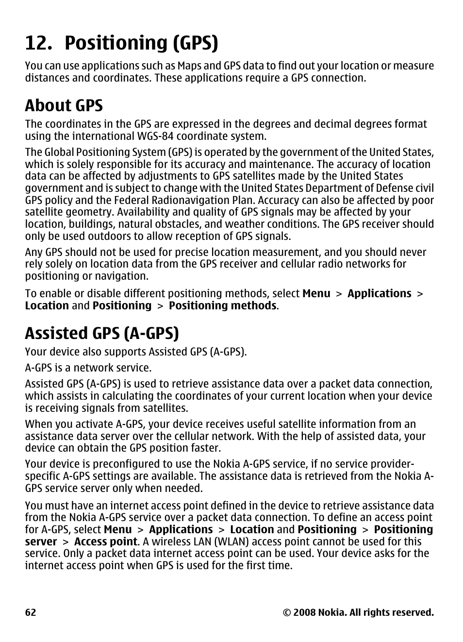 Positioning (gps), About gps, Assisted gps (a-gps) | Nokia 5800 User Manual | Page 62 / 243