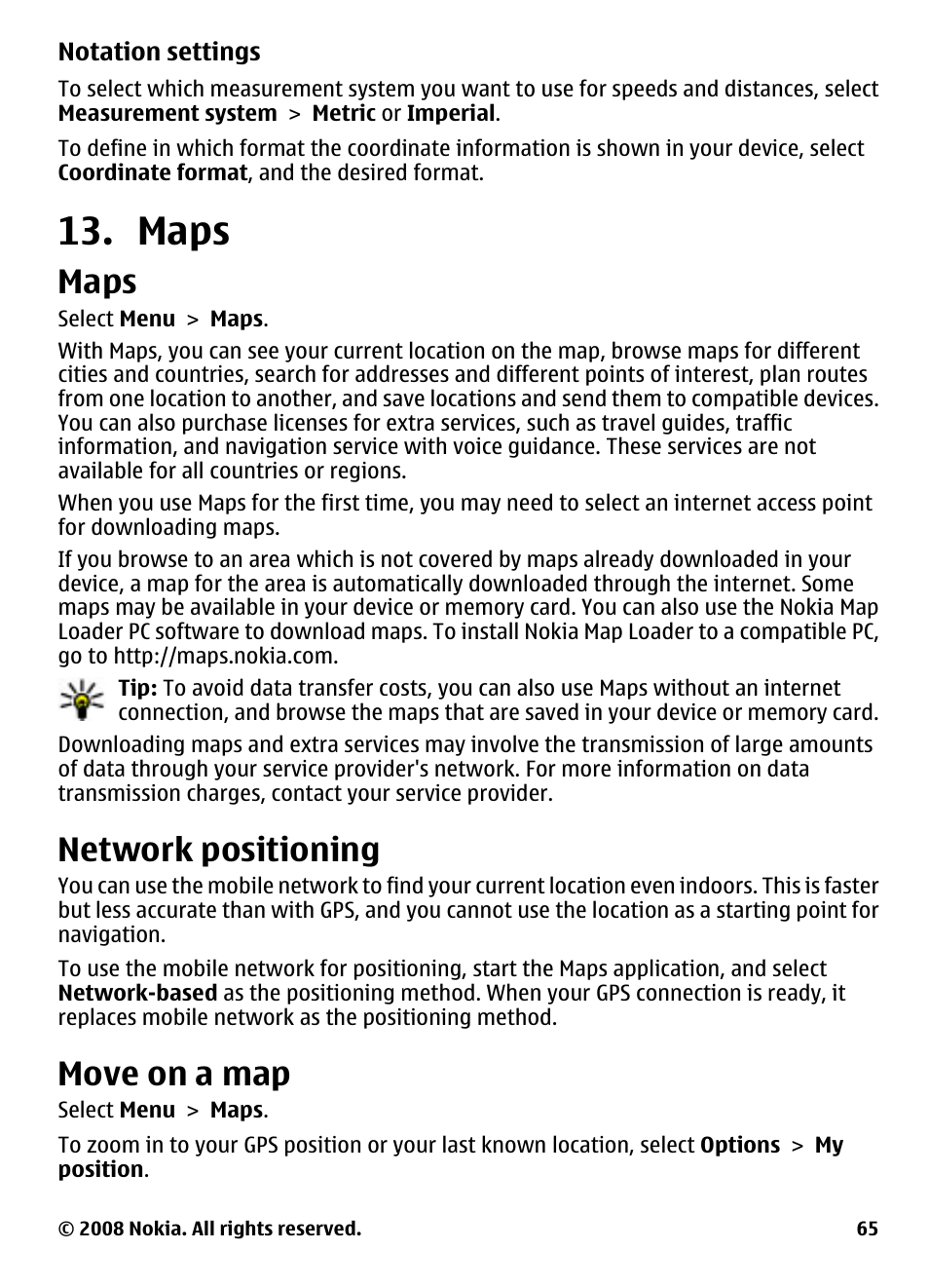 Maps, Network positioning, Move on a map | Nokia 5800 User Manual | Page 65 / 243