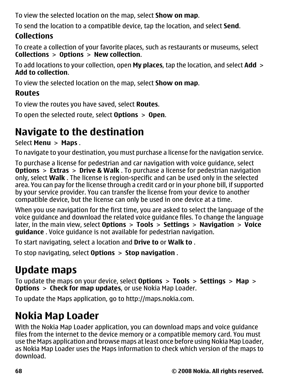 Navigate to the destination, Update maps, Nokia map loader | Nokia 5800 User Manual | Page 68 / 243