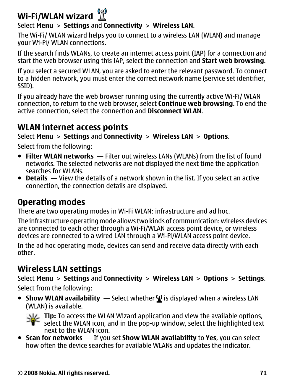 Wi-fi/wlan wizard, Wlan internet access points, Operating modes | Wireless lan settings | Nokia 5800 User Manual | Page 71 / 243