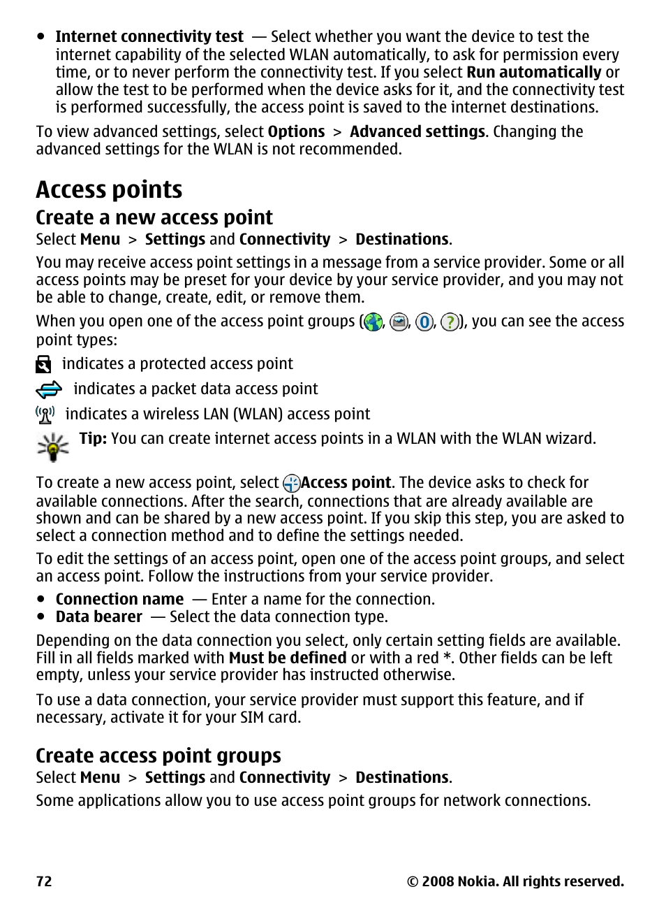 Access points, Create a new access point, Create access point groups | Nokia 5800 User Manual | Page 72 / 243