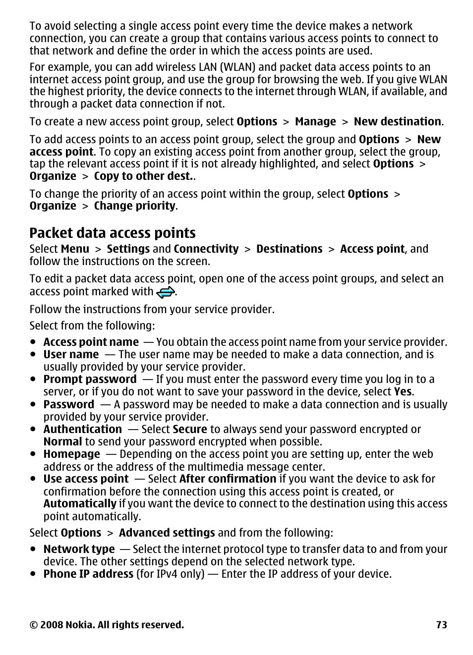 Packet data access points | Nokia 5800 User Manual | Page 73 / 243