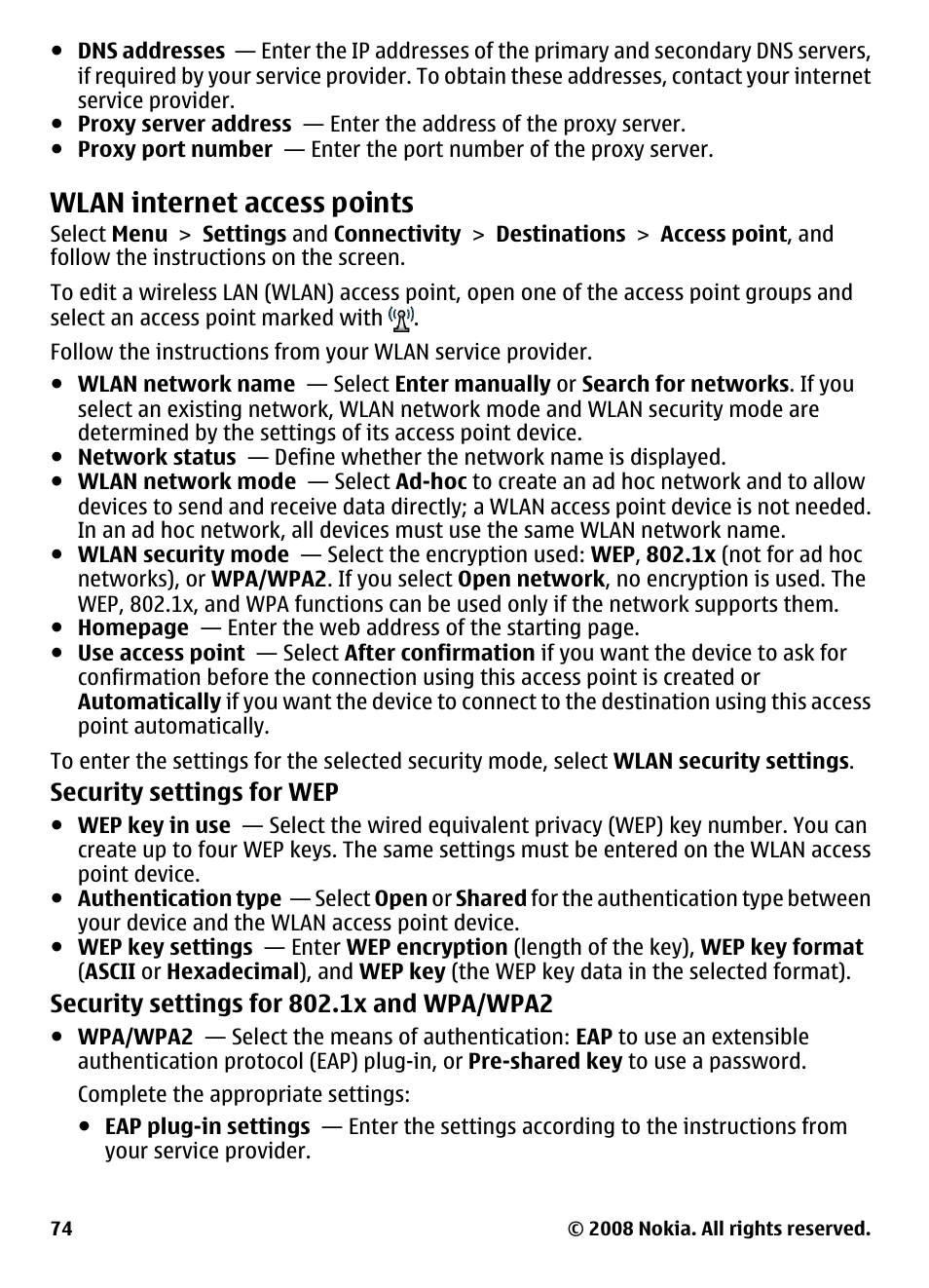 Wlan internet access points | Nokia 5800 User Manual | Page 74 / 243