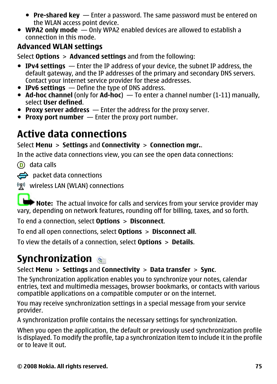 Active data connections, Synchronization | Nokia 5800 User Manual | Page 75 / 243