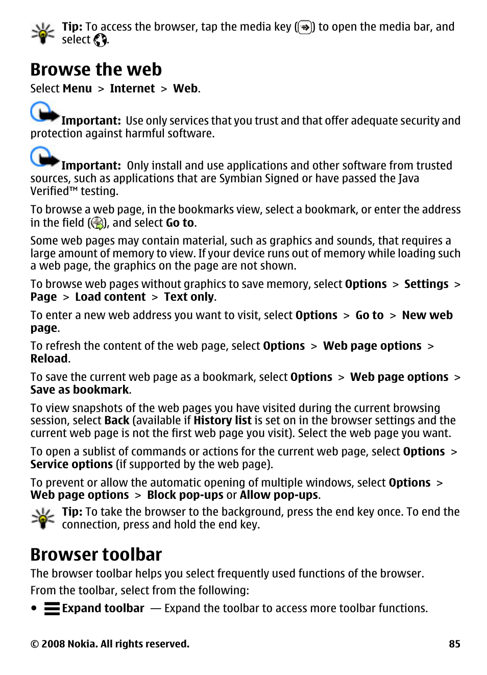 Browse the web, Browser toolbar | Nokia 5800 User Manual | Page 85 / 243