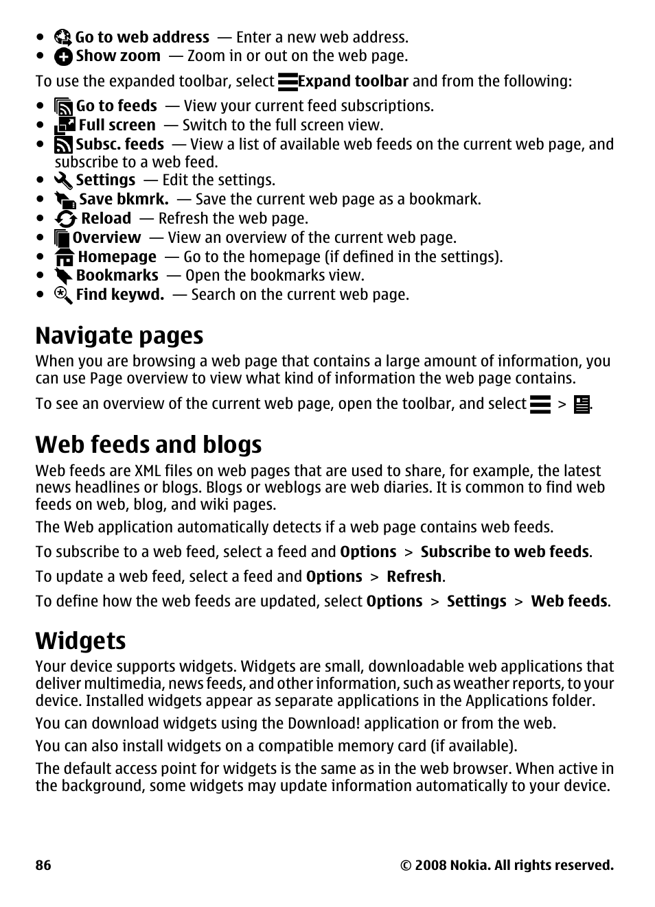 Web feeds and blogs, Widgets, Navigate pages | Nokia 5800 User Manual | Page 86 / 243