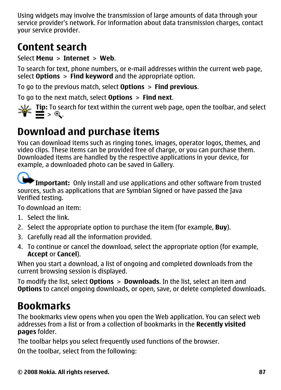 Content search, Download and purchase items, Bookmarks | Nokia 5800 User Manual | Page 87 / 243