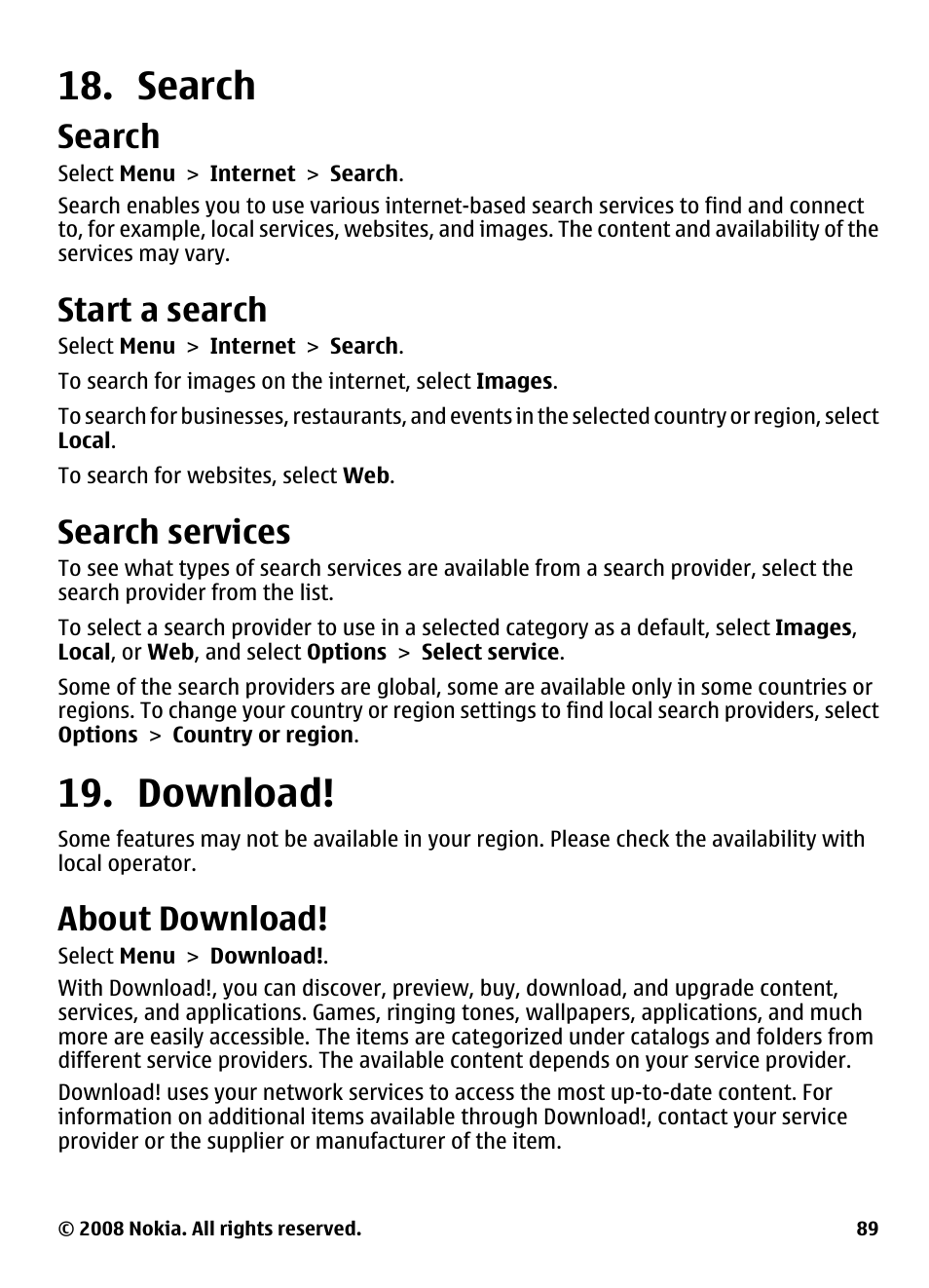 Search, Start a search, Search services | Download, About download | Nokia 5800 User Manual | Page 89 / 243
