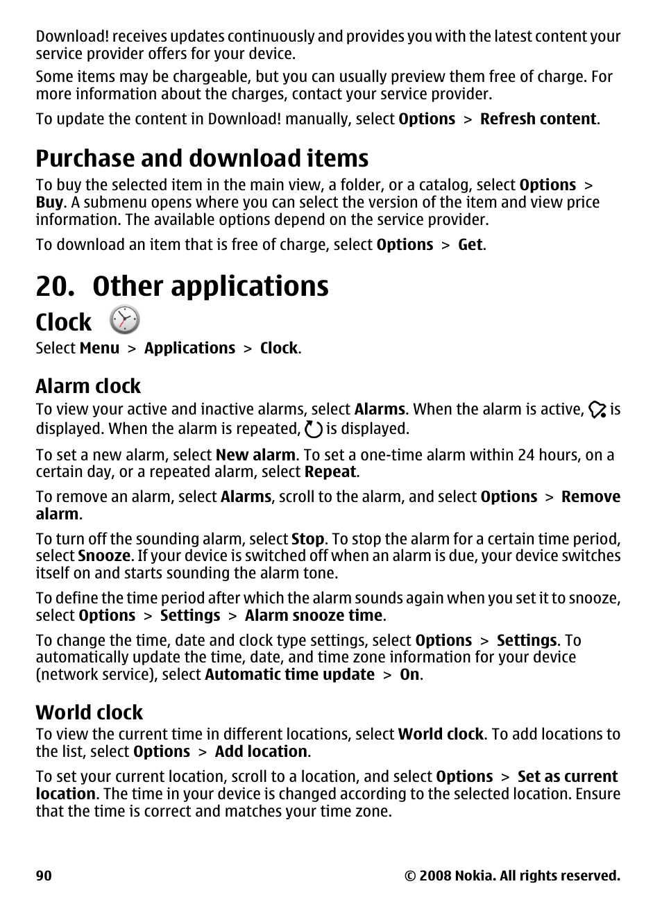 Purchase and download items, Other applications, Clock | Alarm clock, World clock | Nokia 5800 User Manual | Page 90 / 243