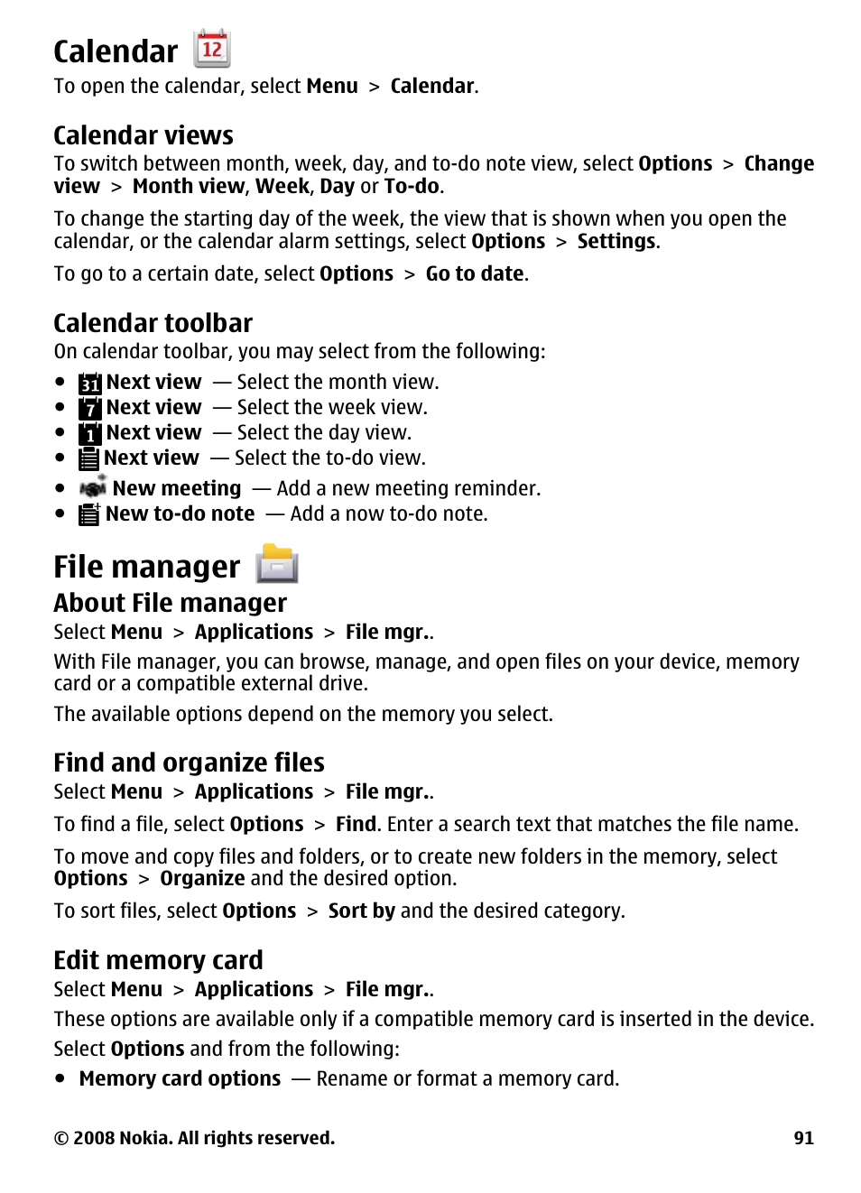 Calendar, Calendar views, Calendar toolbar | File manager, About file manager, Find and organize files, Edit memory card | Nokia 5800 User Manual | Page 91 / 243