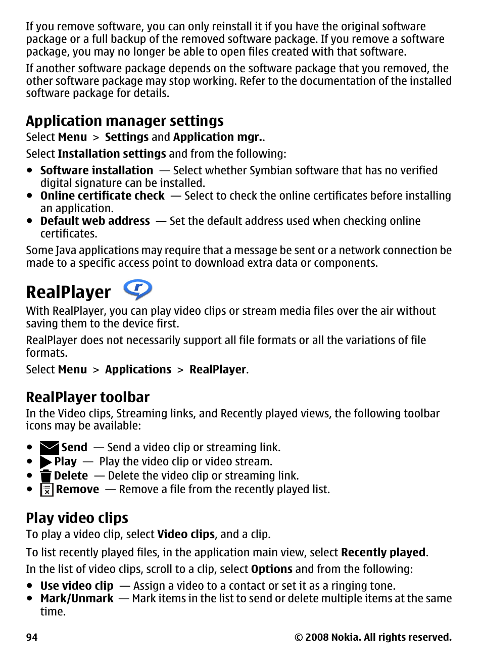 Application manager settings, Realplayer, Realplayer toolbar | Play video clips | Nokia 5800 User Manual | Page 94 / 243