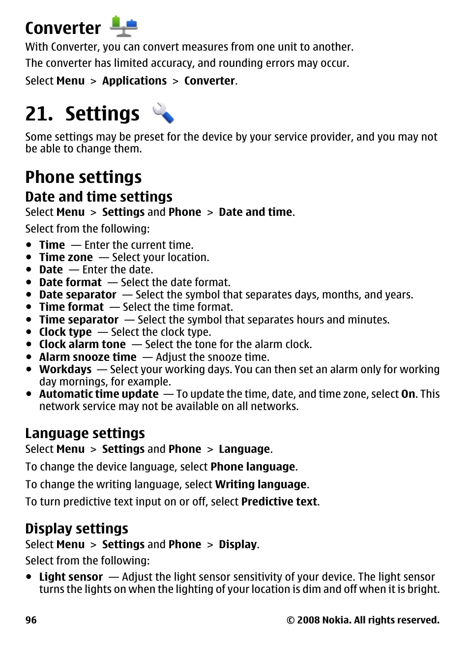 Converter, Settings, Phone settings | Date and time settings, Language settings, Display settings | Nokia 5800 User Manual | Page 96 / 243