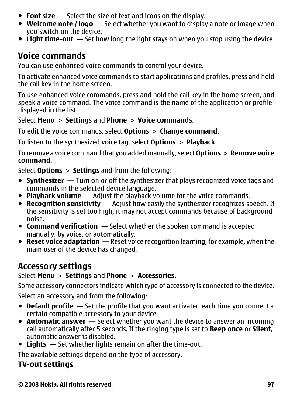 Voice commands, Accessory settings | Nokia 5800 User Manual | Page 97 / 243