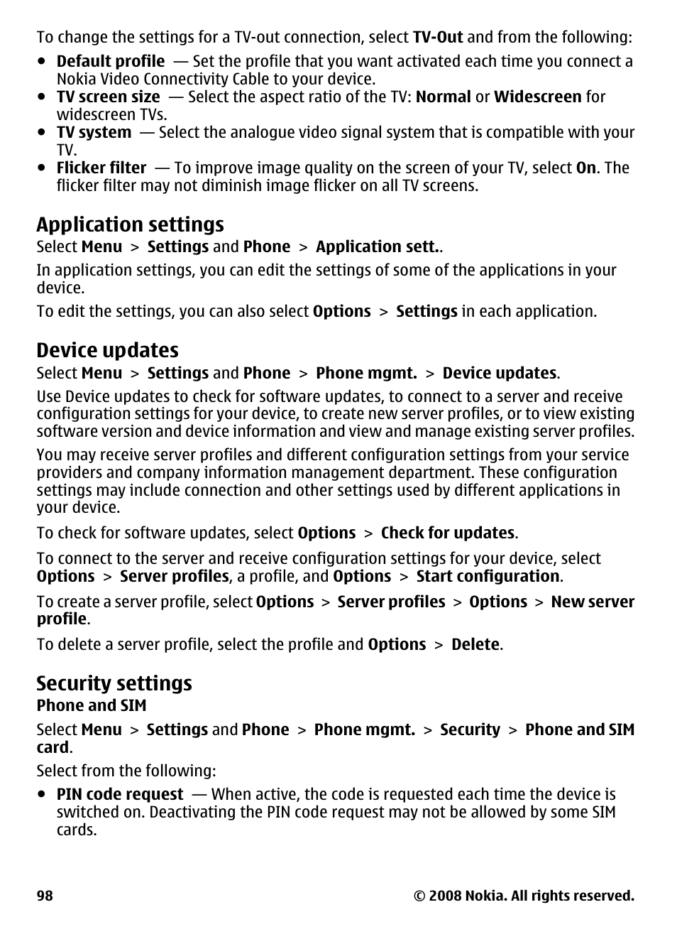Application settings, Device updates, Security settings | Phone and sim | Nokia 5800 User Manual | Page 98 / 243