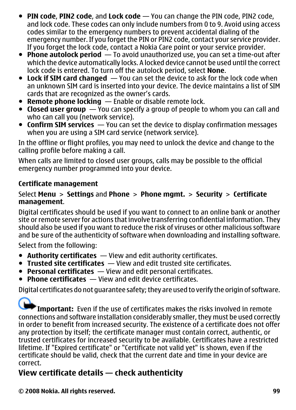 Certificate management | Nokia 5800 User Manual | Page 99 / 243