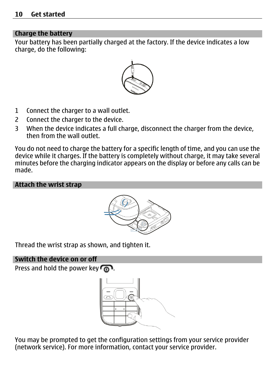 Charge the battery, Attach the wrist strap, Switch the device on or off | Nokia C2-01 User Manual | Page 10 / 39