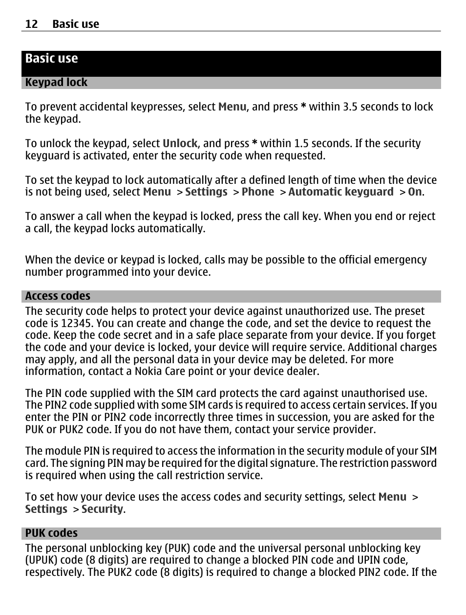 Basic use, Keypad lock, Access codes | Puk codes | Nokia C2-01 User Manual | Page 12 / 39