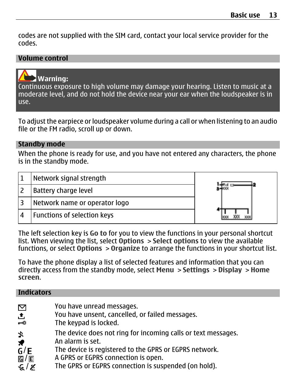 Volume control, Standby mode, Indicators | Nokia C2-01 User Manual | Page 13 / 39